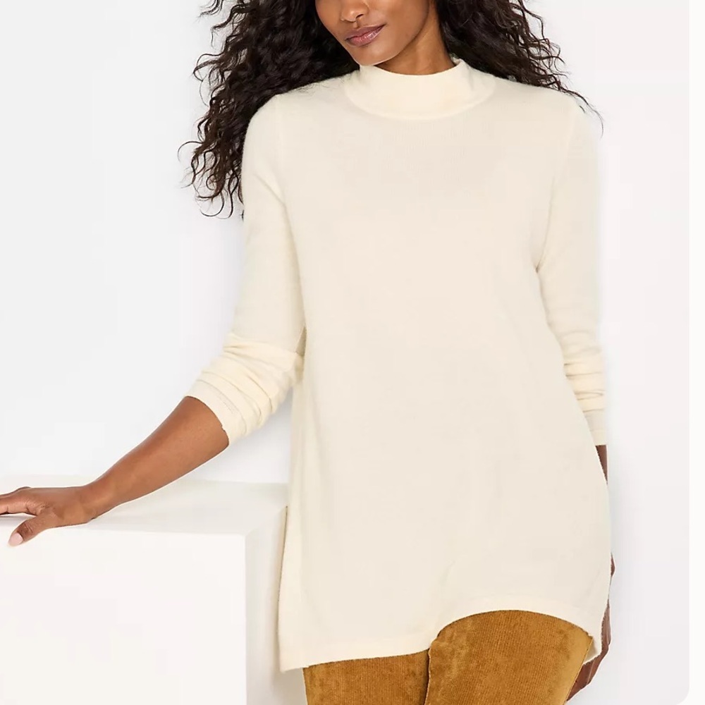 Lands’ End Cashmere Mock Neck Swing Tunic Sweater Fresh Ivory Medium